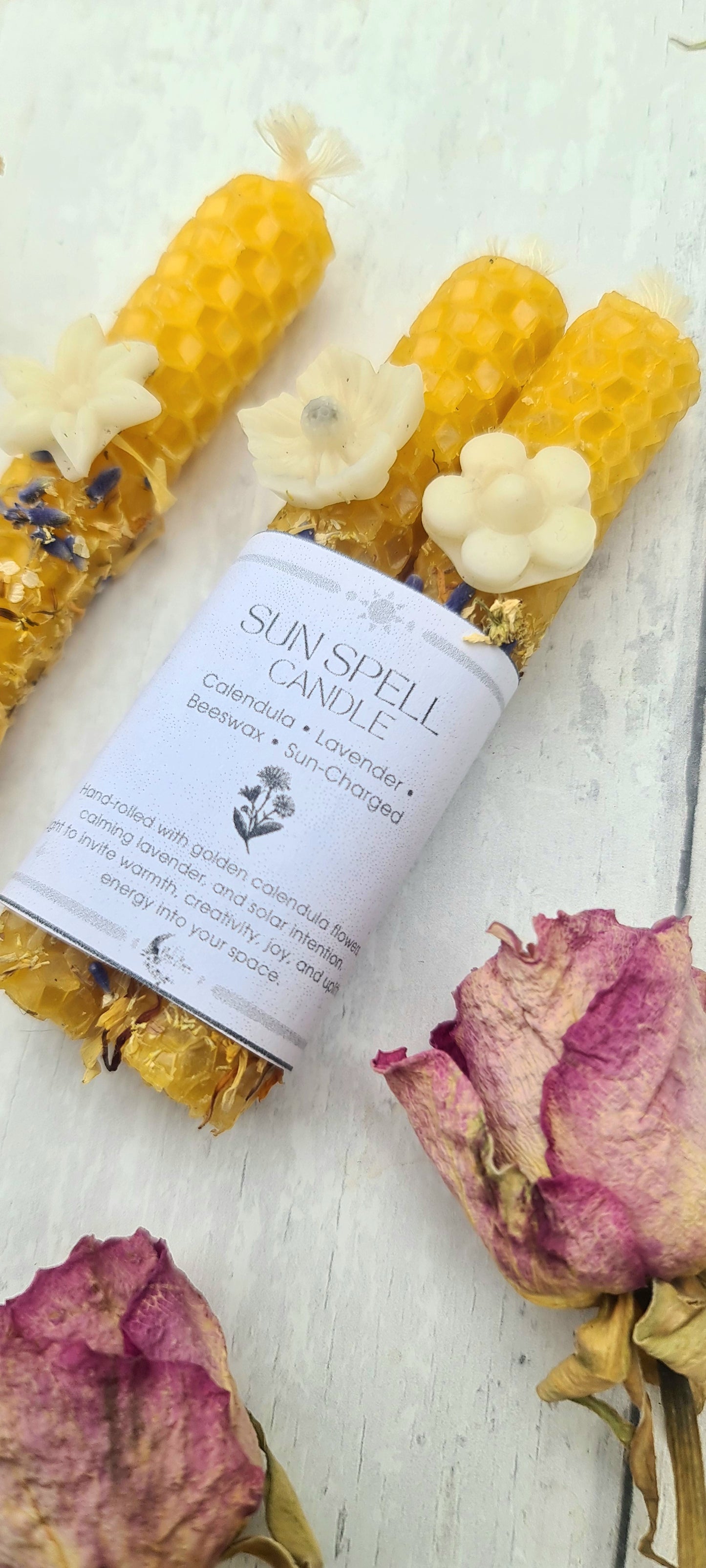 Handmade Beeswax Yellow Sun Lavender & Calendula Ritual Candles (set of 2).
