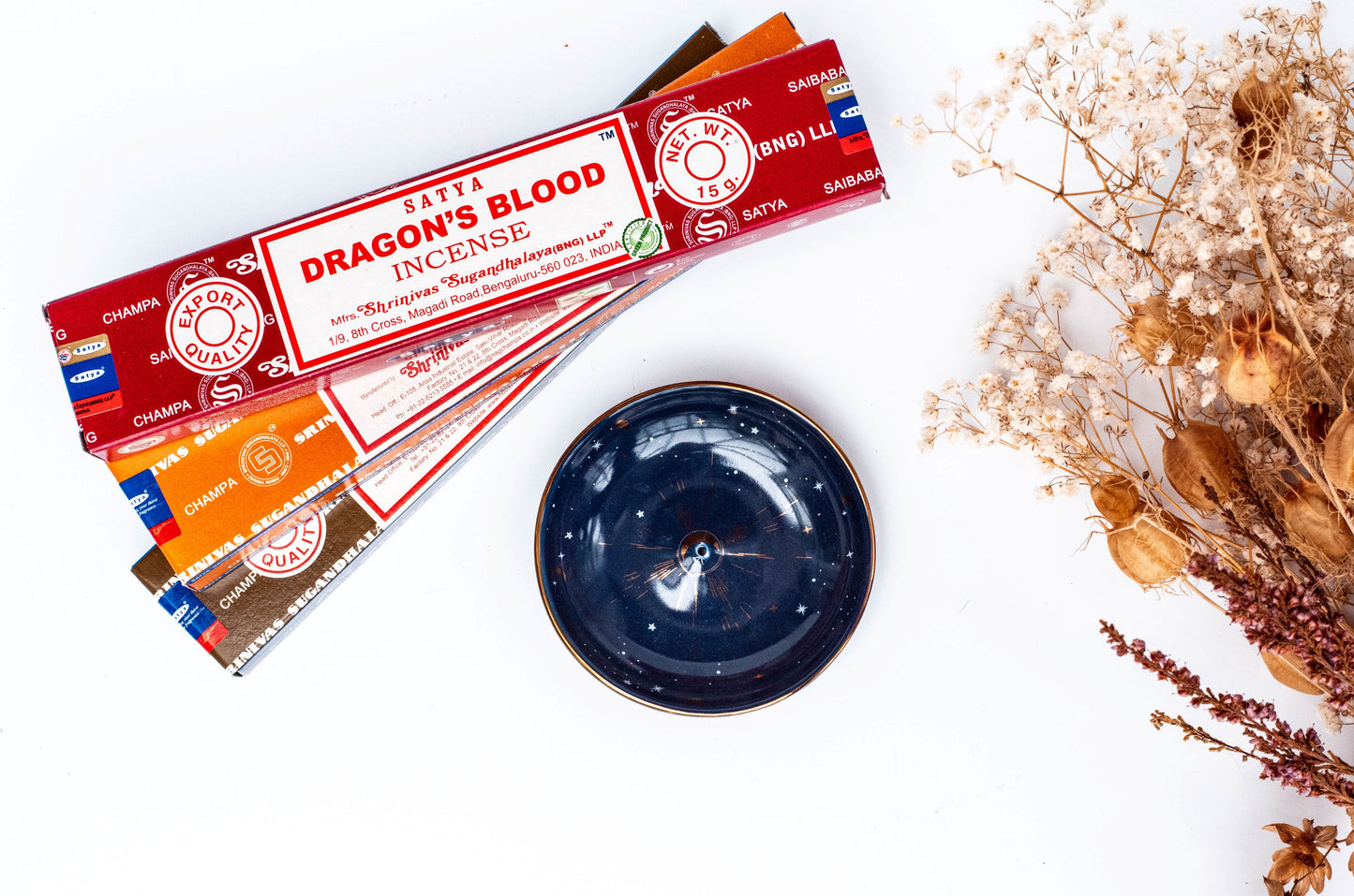 Satya incense box with Palo Santo bundle and crystals
