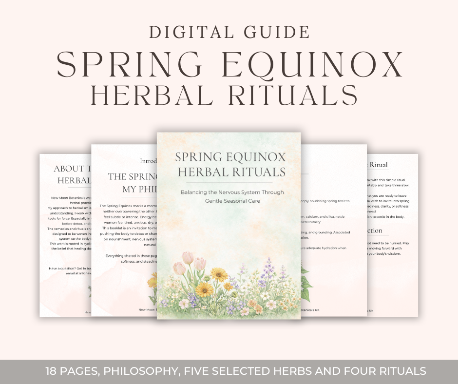 Digital guide titled 'Spring Equinox Herbal Rituals' with floral design on a white background