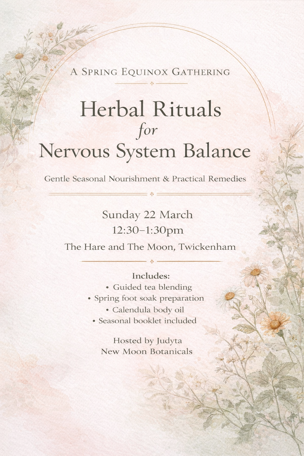 Promotional flyer for a Spring Equinox gathering on herbal rituals for nervous system balance with floral design.
