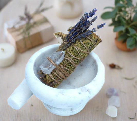 Cedar Smudge Stick with loose herbs and flowers 