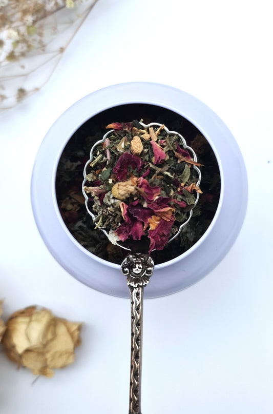 moon tea herbal blend with rose petals and raspberry leaf