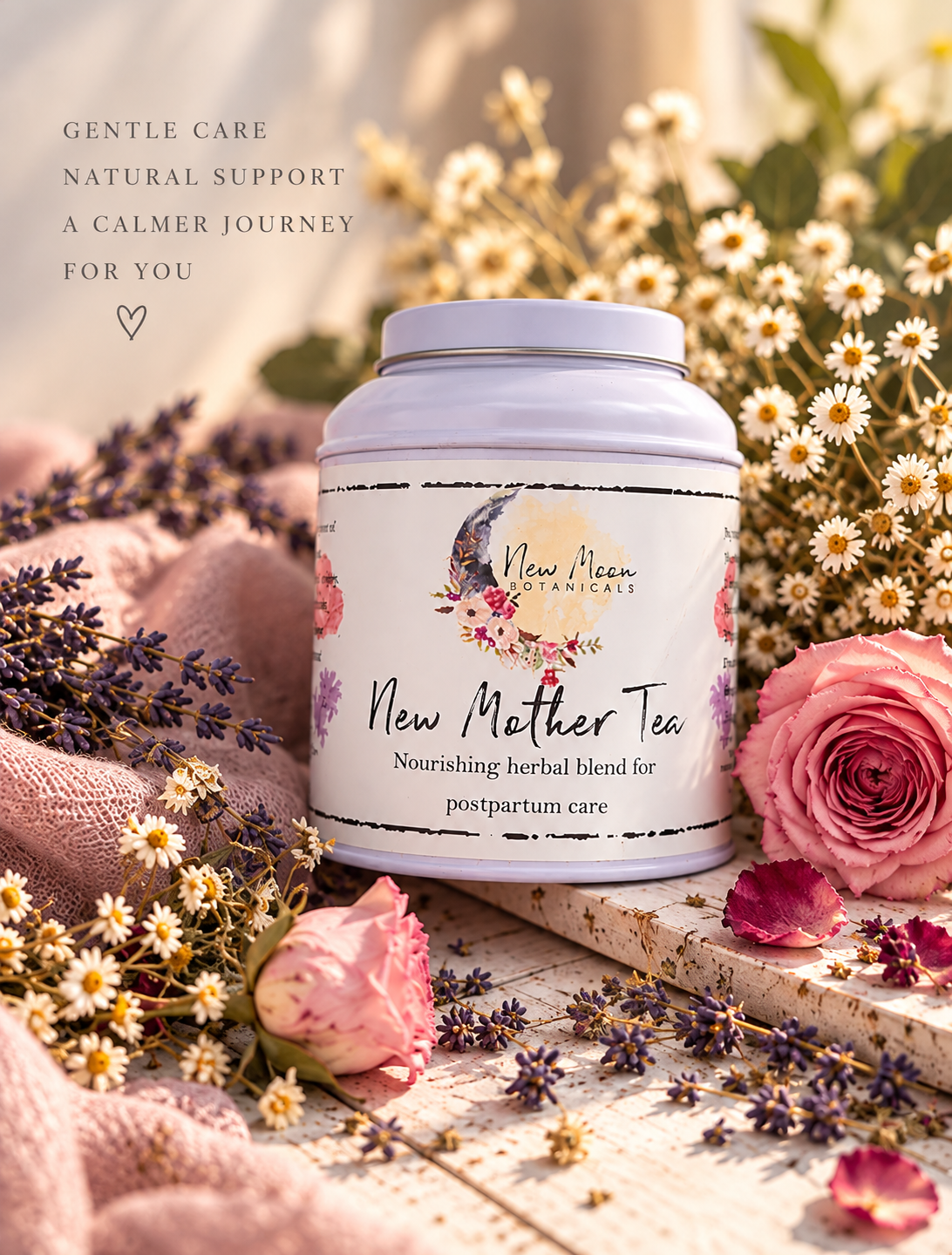 A jar of New Moon Botanicals New Mother Tea is styled on a rustic wooden surface surrounded by pink roses, lavender, and small white daisies, with soft pink fabric and a warm, sunlit background.