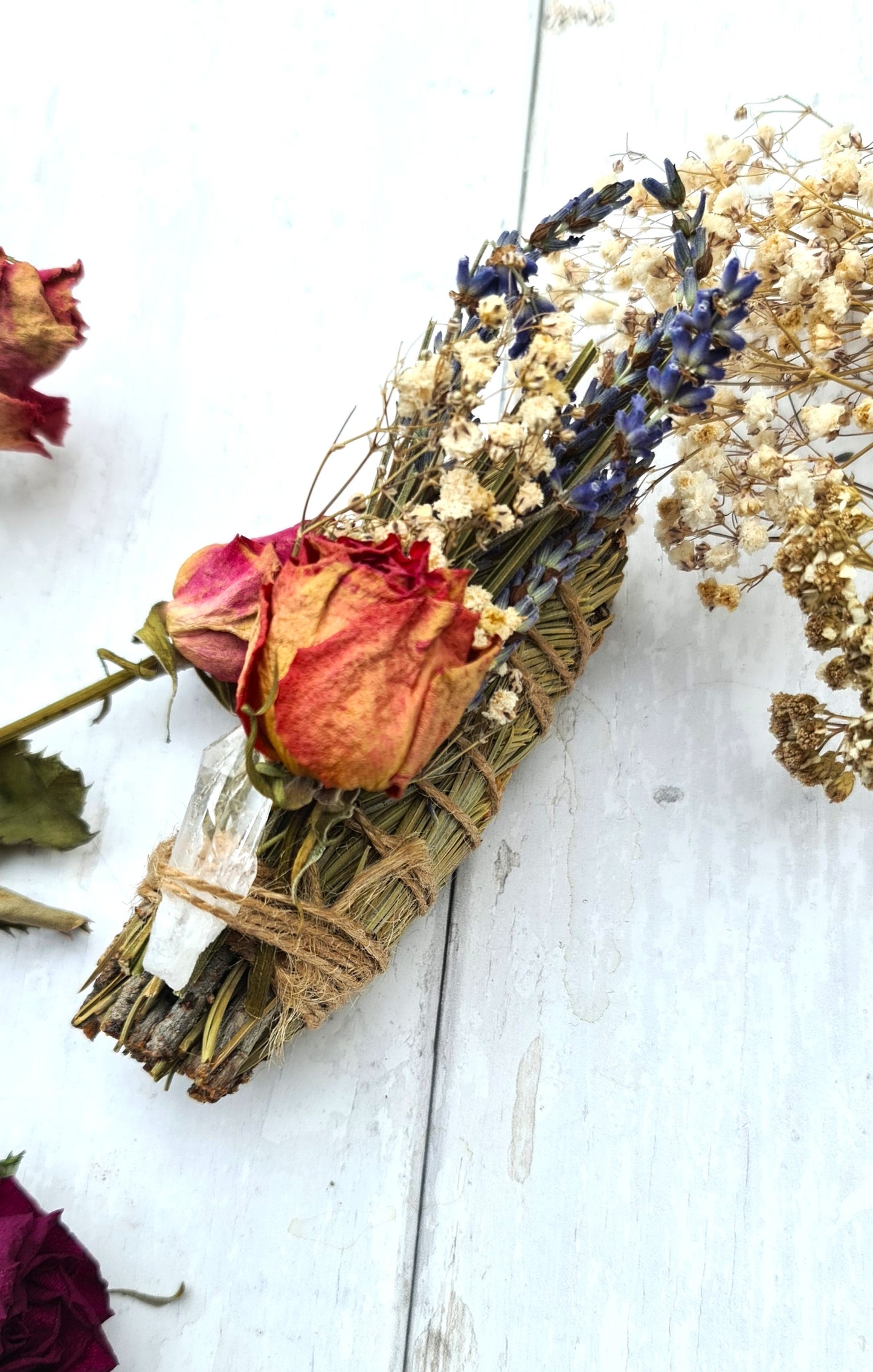 Natural pine smudge made with flowers 