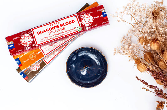 Peaceful ritual setup with sandalwood incense and crystals

