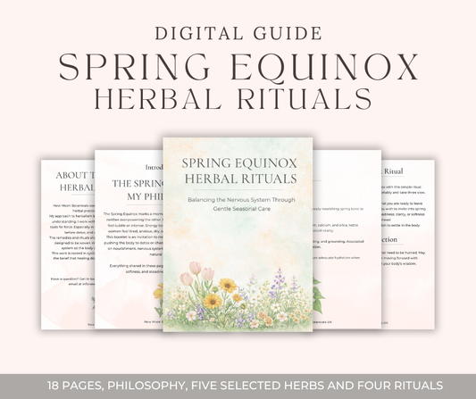 Digital guide titled 'Spring Equinox Herbal Rituals' with floral design on a white background