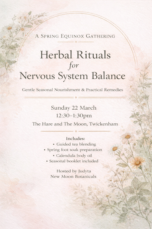 Promotional flyer for a Spring Equinox gathering on herbal rituals for nervous system balance with floral design.