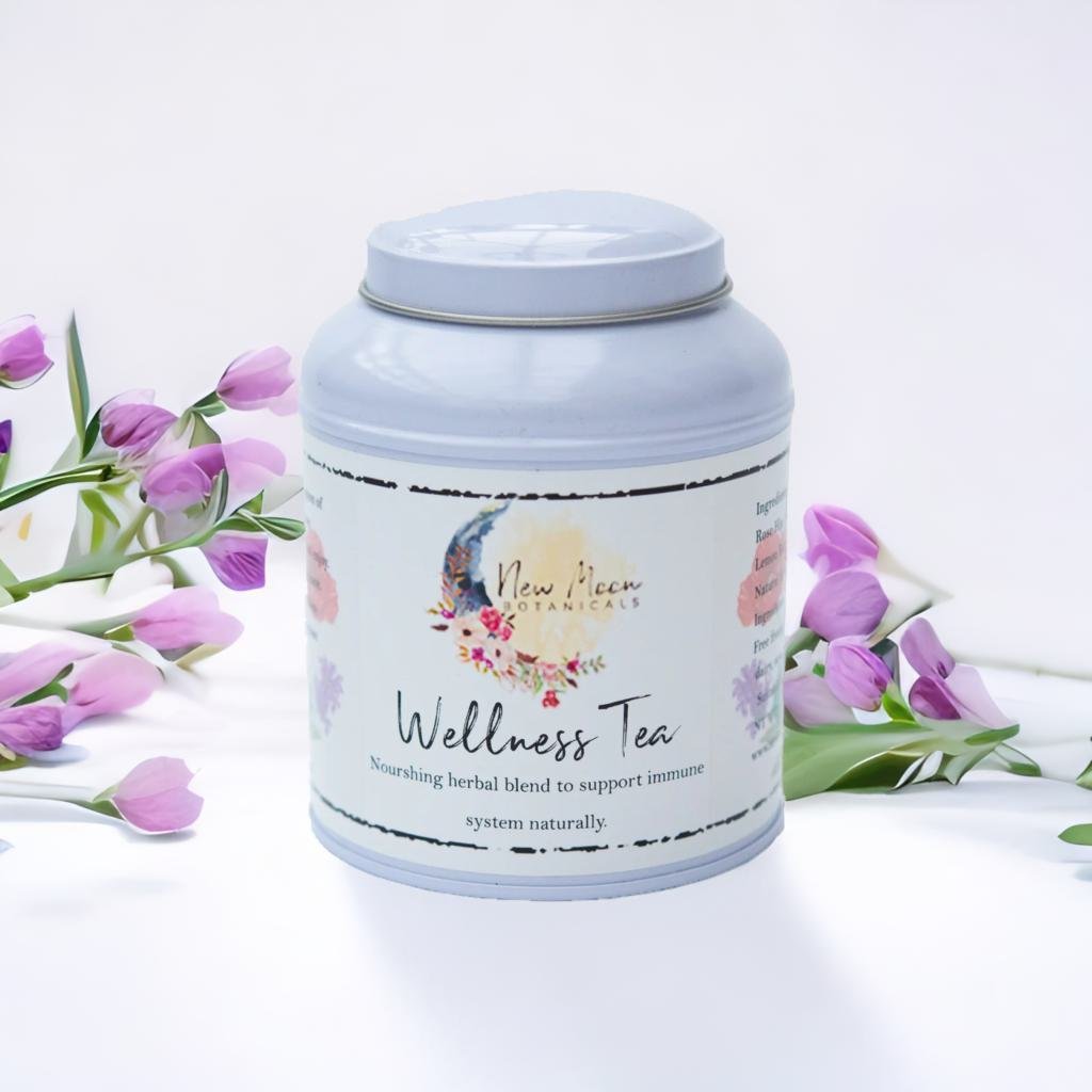 caffeine-free herbal wellness tea in white tin

