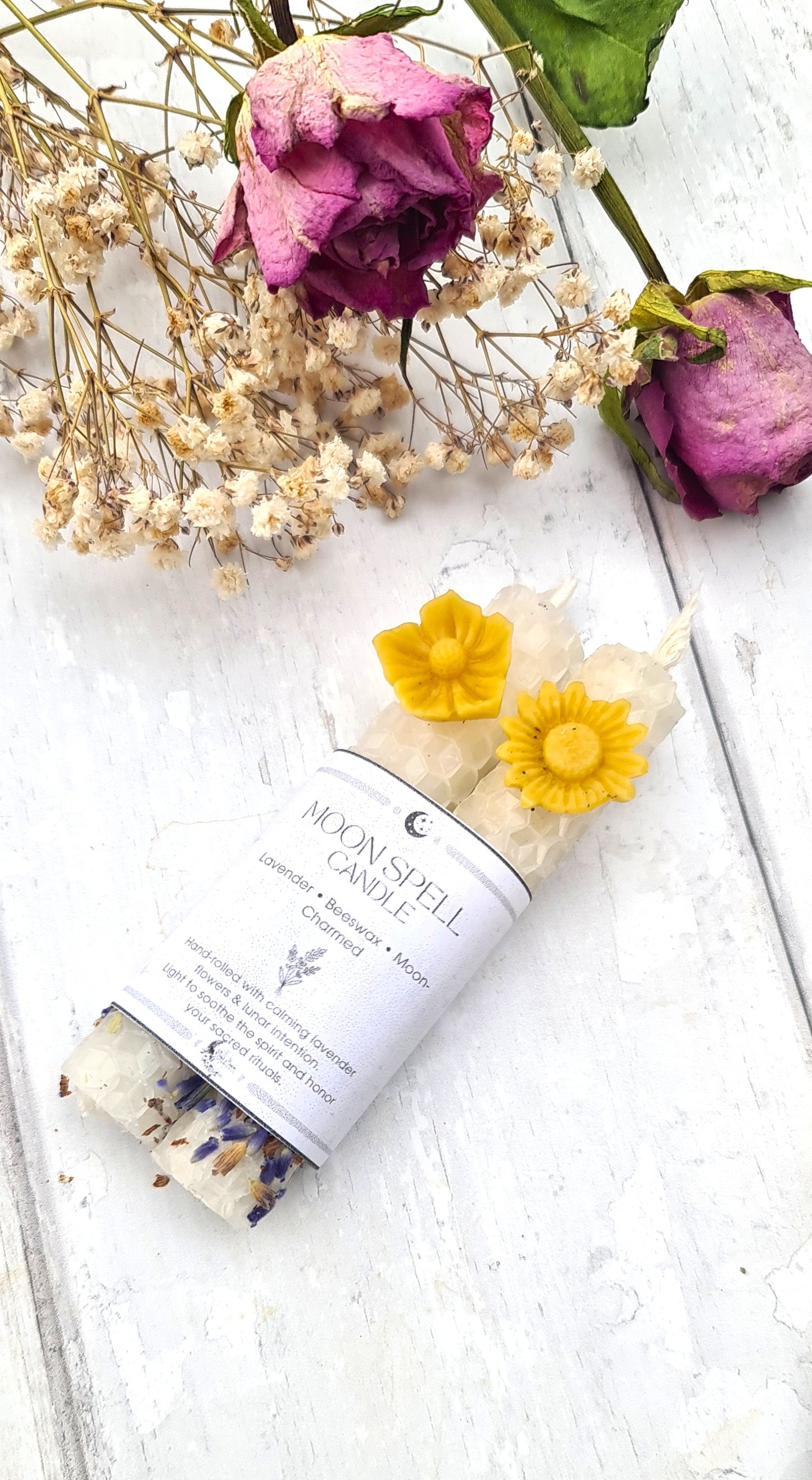 Hand rolled beeswax candles with flowers 