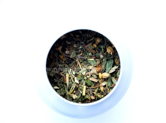 bedtime calming tea blend in white tin