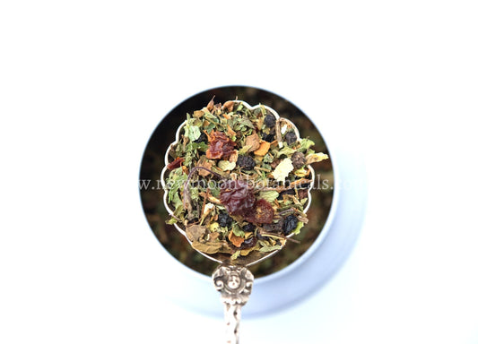 wellness herbal tea with elderberry and rose hip